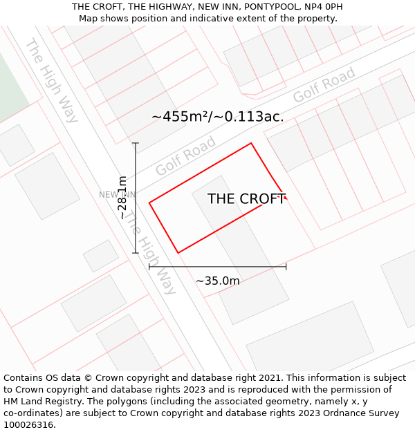 THE CROFT, THE HIGHWAY, NEW INN, PONTYPOOL, NP4 0PH: Plot and title map