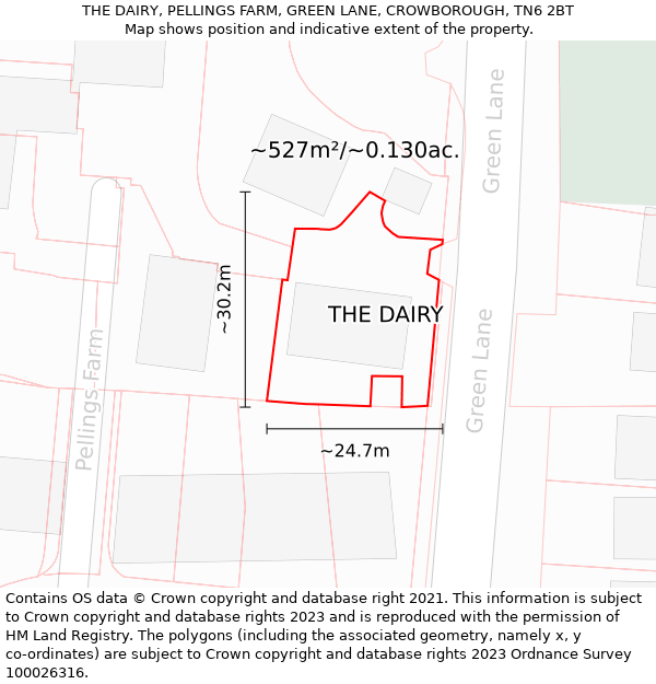 THE DAIRY, PELLINGS FARM, GREEN LANE, CROWBOROUGH, TN6 2BT: Plot and title map