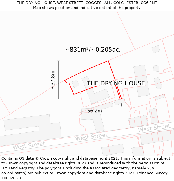 THE DRYING HOUSE, WEST STREET, COGGESHALL, COLCHESTER, CO6 1NT: Plot and title map