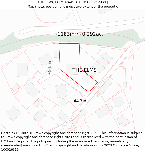 THE ELMS, FARM ROAD, ABERDARE, CF44 6LJ: Plot and title map