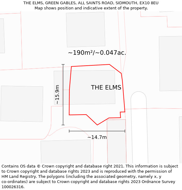 THE ELMS, GREEN GABLES, ALL SAINTS ROAD, SIDMOUTH, EX10 8EU: Plot and title map