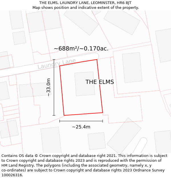 THE ELMS, LAUNDRY LANE, LEOMINSTER, HR6 8JT: Plot and title map