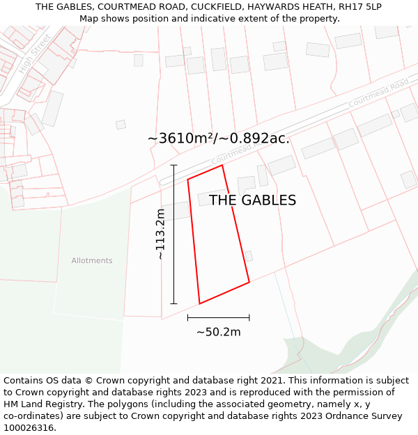 THE GABLES, COURTMEAD ROAD, CUCKFIELD, HAYWARDS HEATH, RH17 5LP: Plot and title map