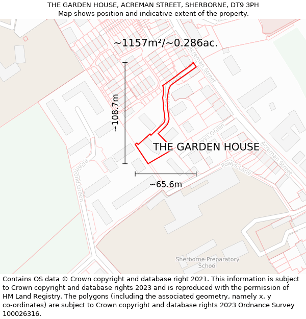 THE GARDEN HOUSE, ACREMAN STREET, SHERBORNE, DT9 3PH: Plot and title map