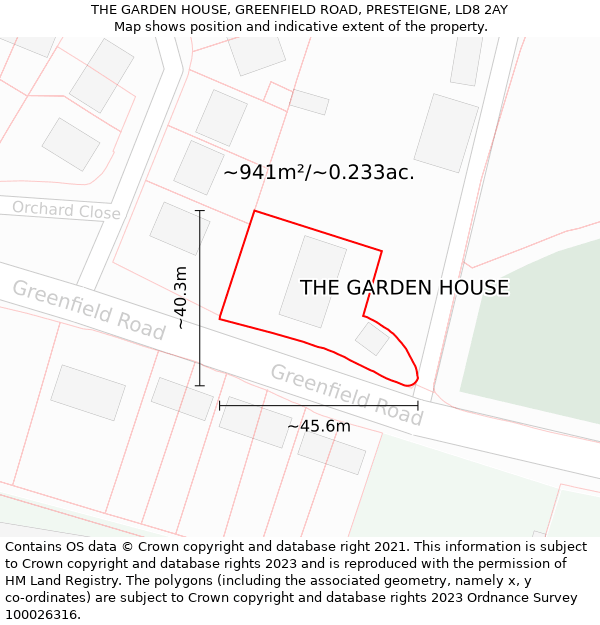 THE GARDEN HOUSE, GREENFIELD ROAD, PRESTEIGNE, LD8 2AY: Plot and title map