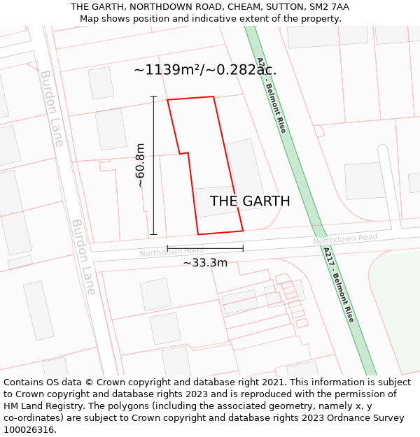 THE GARTH, NORTHDOWN ROAD, CHEAM, SUTTON, SM2 7AA: Plot and title map