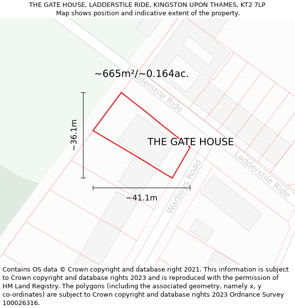 THE GATE HOUSE, LADDERSTILE RIDE, KINGSTON UPON THAMES, KT2 7LP: Plot and title map