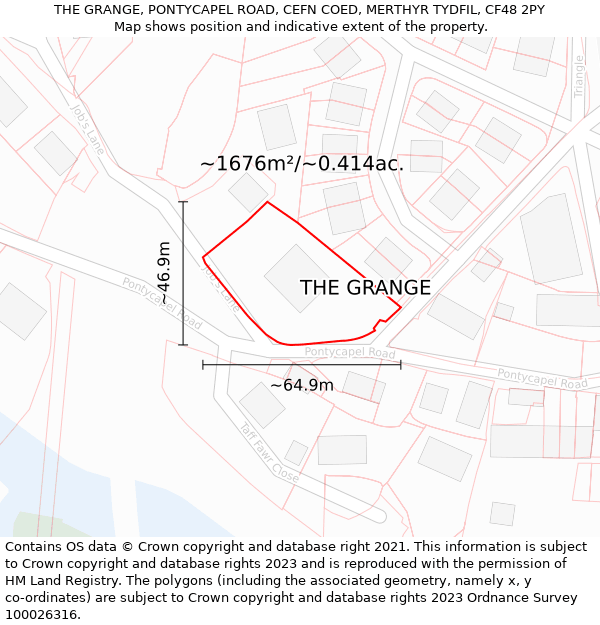THE GRANGE, PONTYCAPEL ROAD, CEFN COED, MERTHYR TYDFIL, CF48 2PY: Plot and title map