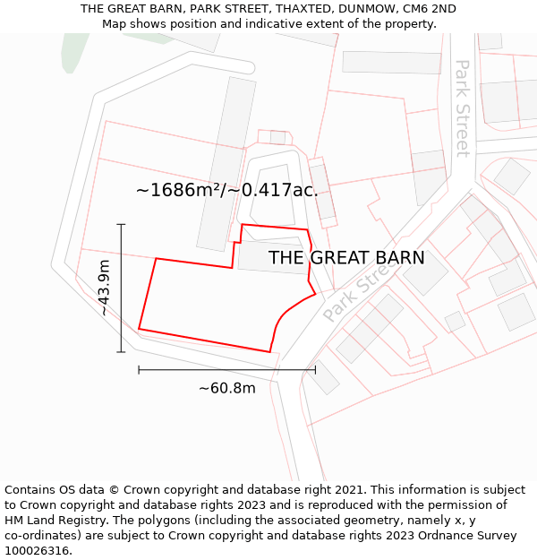 THE GREAT BARN, PARK STREET, THAXTED, DUNMOW, CM6 2ND: Plot and title map