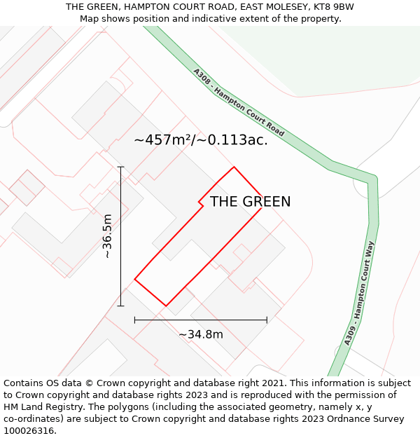THE GREEN, HAMPTON COURT ROAD, EAST MOLESEY, KT8 9BW: Plot and title map