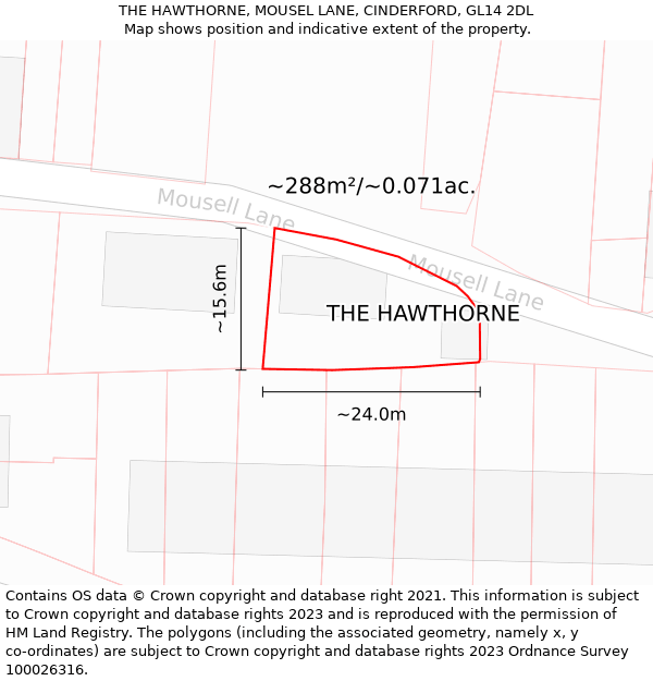 THE HAWTHORNE, MOUSEL LANE, CINDERFORD, GL14 2DL: Plot and title map