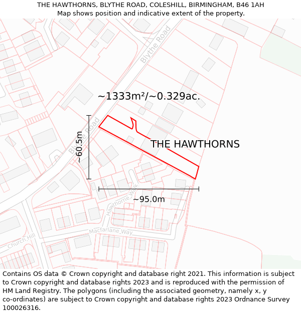 THE HAWTHORNS, BLYTHE ROAD, COLESHILL, BIRMINGHAM, B46 1AH: Plot and title map