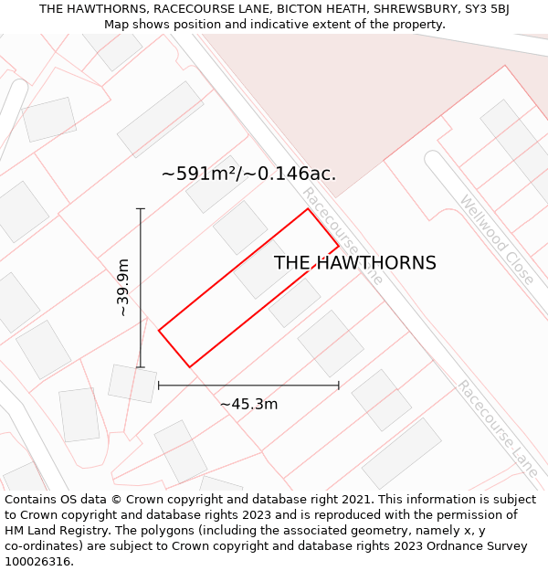 THE HAWTHORNS, RACECOURSE LANE, BICTON HEATH, SHREWSBURY, SY3 5BJ: Plot and title map