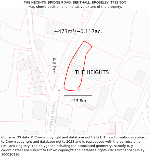 THE HEIGHTS, BRIDGE ROAD, BENTHALL, BROSELEY, TF12 5QX: Plot and title map