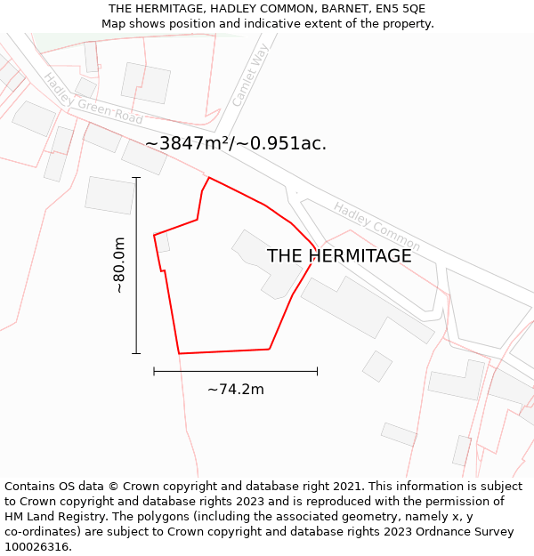 THE HERMITAGE, HADLEY COMMON, BARNET, EN5 5QE: Plot and title map