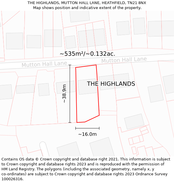 THE HIGHLANDS, MUTTON HALL LANE, HEATHFIELD, TN21 8NX: Plot and title map