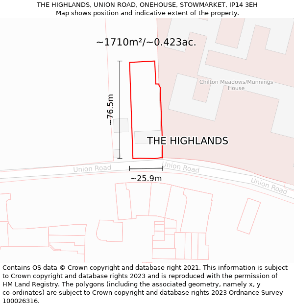 THE HIGHLANDS, UNION ROAD, ONEHOUSE, STOWMARKET, IP14 3EH: Plot and title map