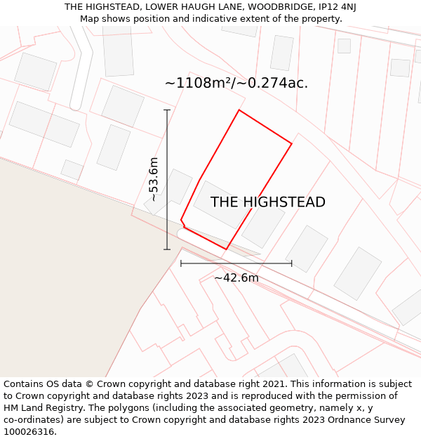 THE HIGHSTEAD, LOWER HAUGH LANE, WOODBRIDGE, IP12 4NJ: Plot and title map