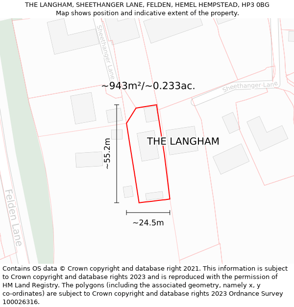 THE LANGHAM, SHEETHANGER LANE, FELDEN, HEMEL HEMPSTEAD, HP3 0BG: Plot and title map