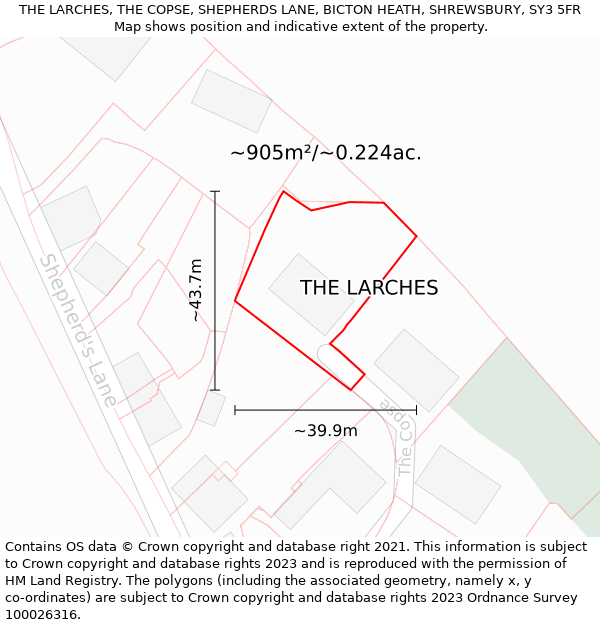 THE LARCHES, THE COPSE, SHEPHERDS LANE, BICTON HEATH, SHREWSBURY, SY3 5FR: Plot and title map