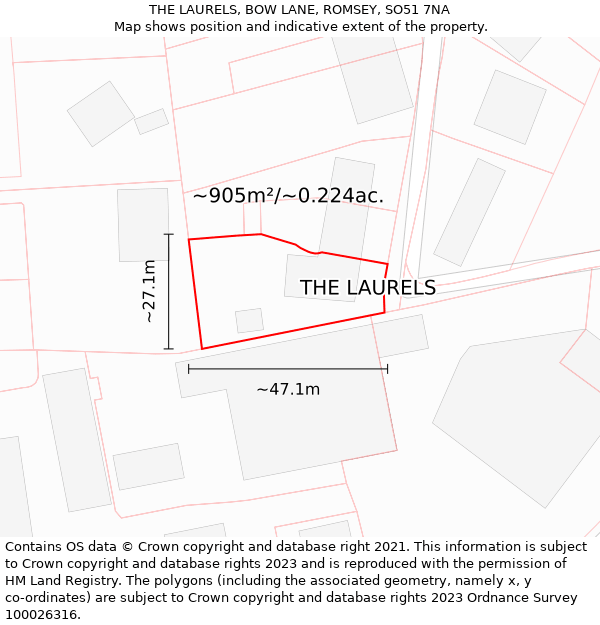 THE LAURELS, BOW LANE, ROMSEY, SO51 7NA: Plot and title map