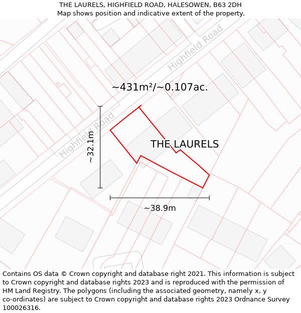 THE LAURELS, HIGHFIELD ROAD, HALESOWEN, B63 2DH: Plot and title map