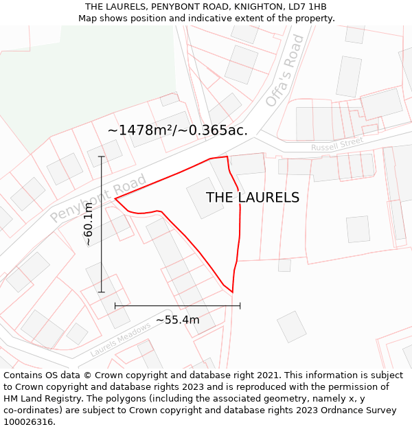 THE LAURELS, PENYBONT ROAD, KNIGHTON, LD7 1HB: Plot and title map