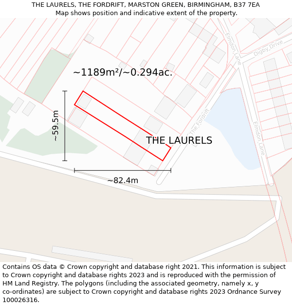 THE LAURELS, THE FORDRIFT, MARSTON GREEN, BIRMINGHAM, B37 7EA: Plot and title map