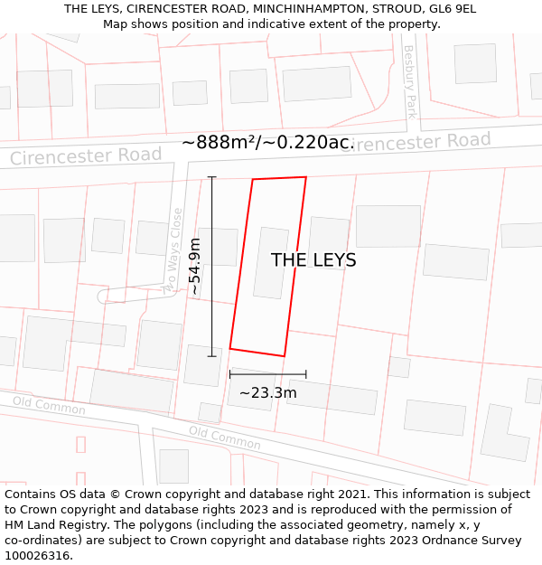 THE LEYS, CIRENCESTER ROAD, MINCHINHAMPTON, STROUD, GL6 9EL: Plot and title map