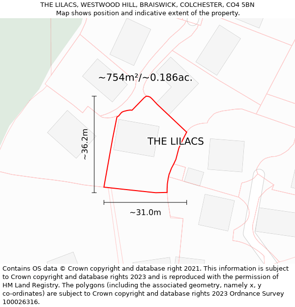 THE LILACS, WESTWOOD HILL, BRAISWICK, COLCHESTER, CO4 5BN: Plot and title map