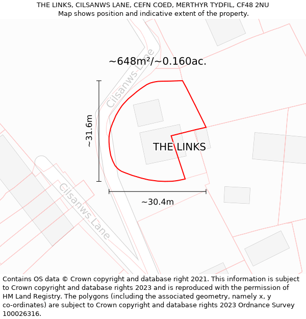 THE LINKS, CILSANWS LANE, CEFN COED, MERTHYR TYDFIL, CF48 2NU: Plot and title map