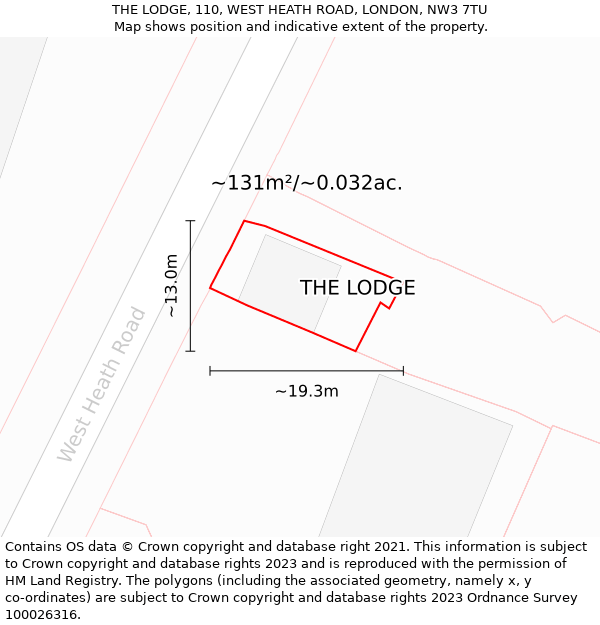 THE LODGE, 110, WEST HEATH ROAD, LONDON, NW3 7TU: Plot and title map