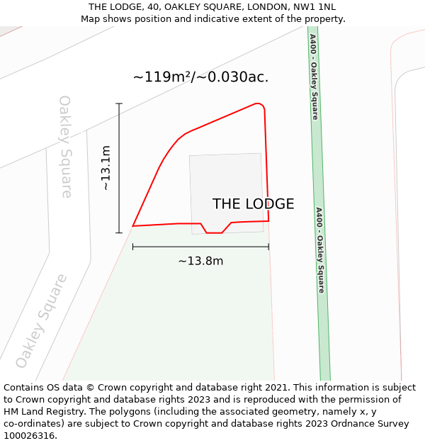 THE LODGE, 40, OAKLEY SQUARE, LONDON, NW1 1NL: Plot and title map