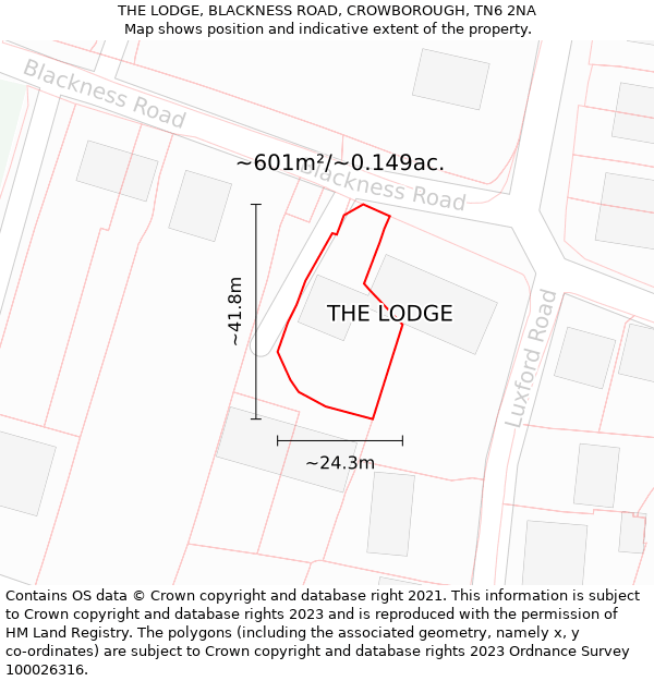 THE LODGE, BLACKNESS ROAD, CROWBOROUGH, TN6 2NA: Plot and title map