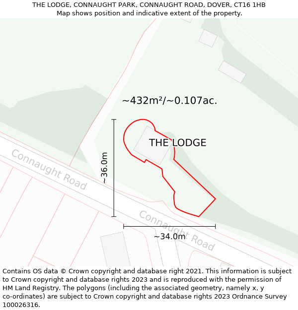 THE LODGE, CONNAUGHT PARK, CONNAUGHT ROAD, DOVER, CT16 1HB: Plot and title map