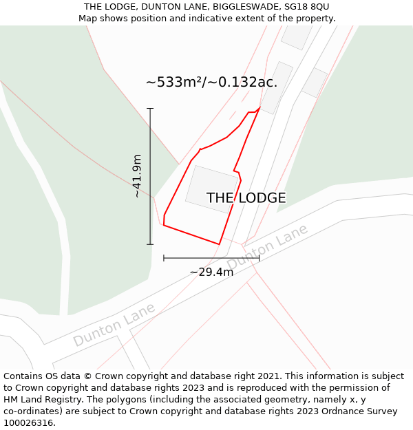 THE LODGE, DUNTON LANE, BIGGLESWADE, SG18 8QU: Plot and title map