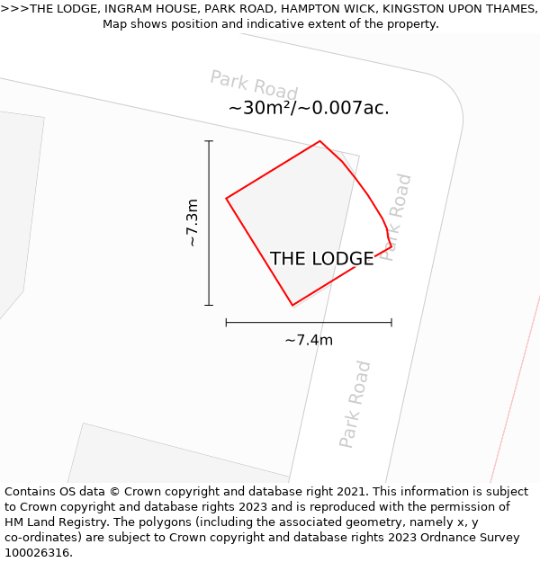 THE LODGE, INGRAM HOUSE, PARK ROAD, HAMPTON WICK, KINGSTON UPON THAMES, KT1 4BA: Plot and title map