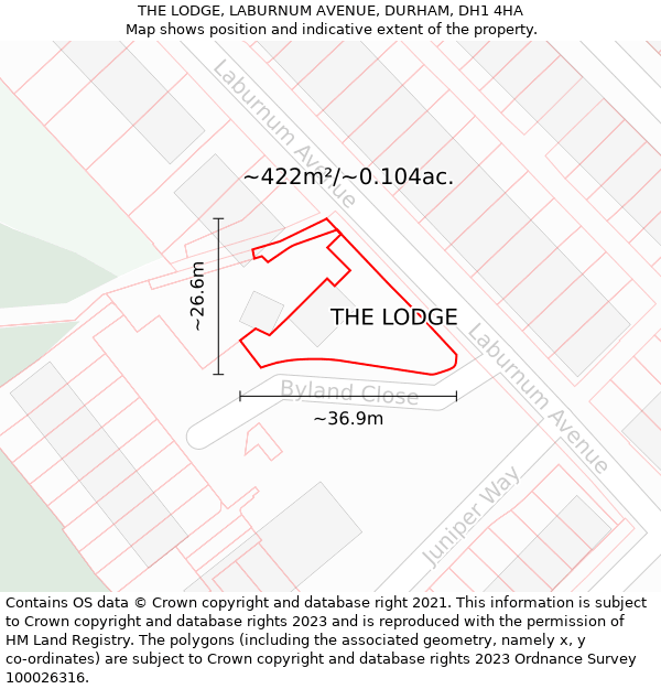 THE LODGE, LABURNUM AVENUE, DURHAM, DH1 4HA: Plot and title map