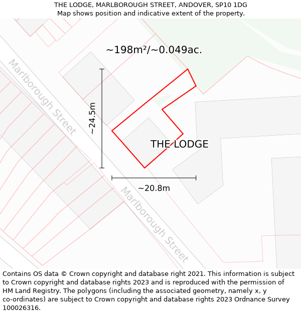 THE LODGE, MARLBOROUGH STREET, ANDOVER, SP10 1DG: Plot and title map