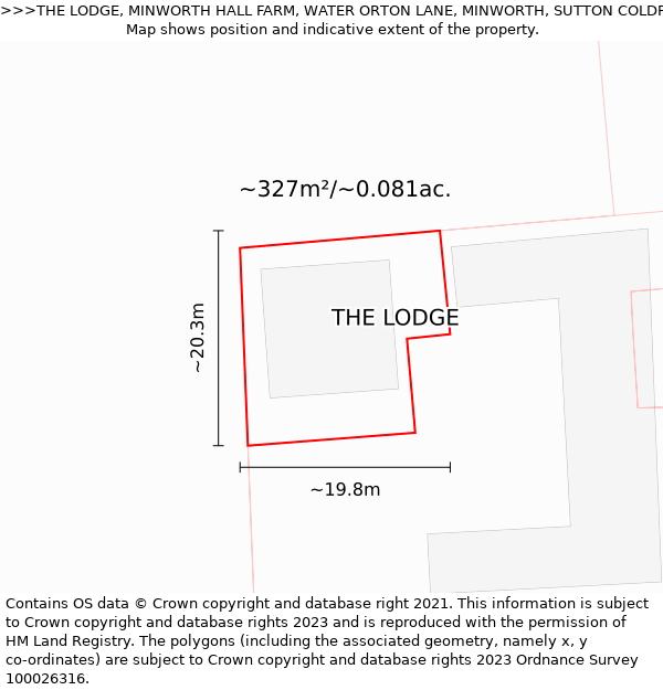 THE LODGE, MINWORTH HALL FARM, WATER ORTON LANE, MINWORTH, SUTTON COLDFIELD, B76 9BT: Plot and title map