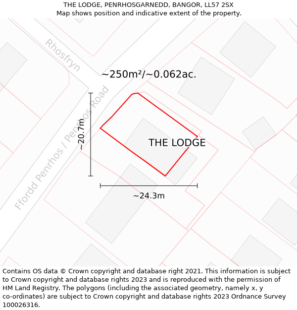 THE LODGE, PENRHOSGARNEDD, BANGOR, LL57 2SX: Plot and title map