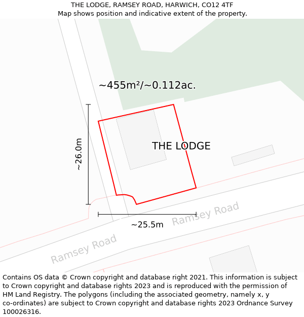 THE LODGE, RAMSEY ROAD, HARWICH, CO12 4TF: Plot and title map