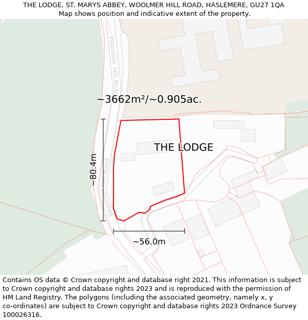 THE LODGE, ST. MARYS ABBEY, WOOLMER HILL ROAD, HASLEMERE, GU27 1QA: Plot and title map