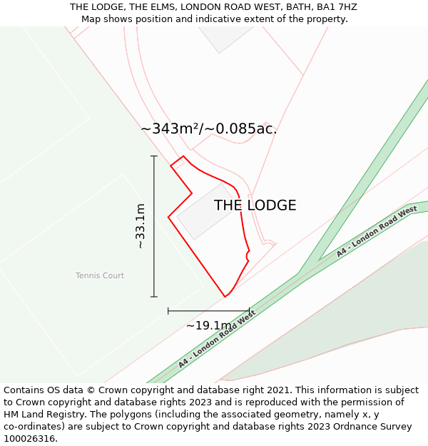 THE LODGE, THE ELMS, LONDON ROAD WEST, BATH, BA1 7HZ: Plot and title map