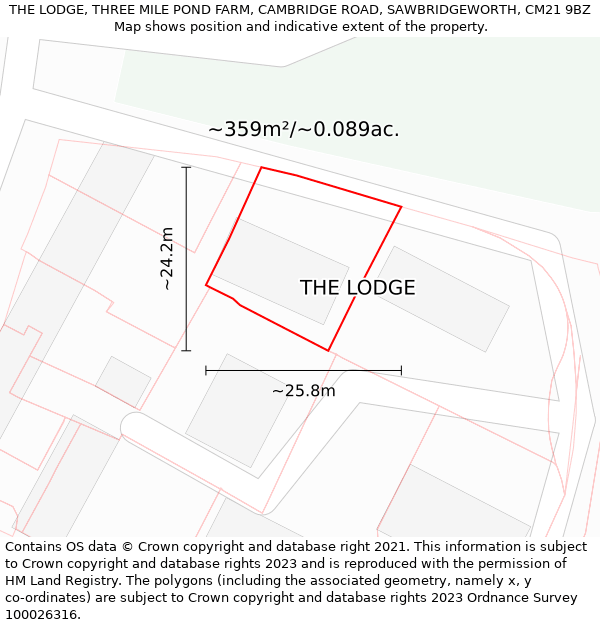 THE LODGE, THREE MILE POND FARM, CAMBRIDGE ROAD, SAWBRIDGEWORTH, CM21 9BZ: Plot and title map