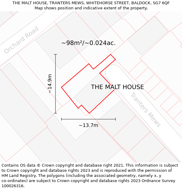 THE MALT HOUSE, TRANTERS MEWS, WHITEHORSE STREET, BALDOCK, SG7 6QF: Plot and title map