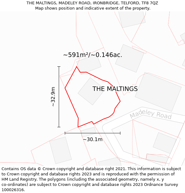 THE MALTINGS, MADELEY ROAD, IRONBRIDGE, TELFORD, TF8 7QZ: Plot and title map