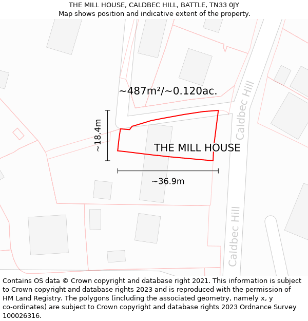 THE MILL HOUSE, CALDBEC HILL, BATTLE, TN33 0JY: Plot and title map