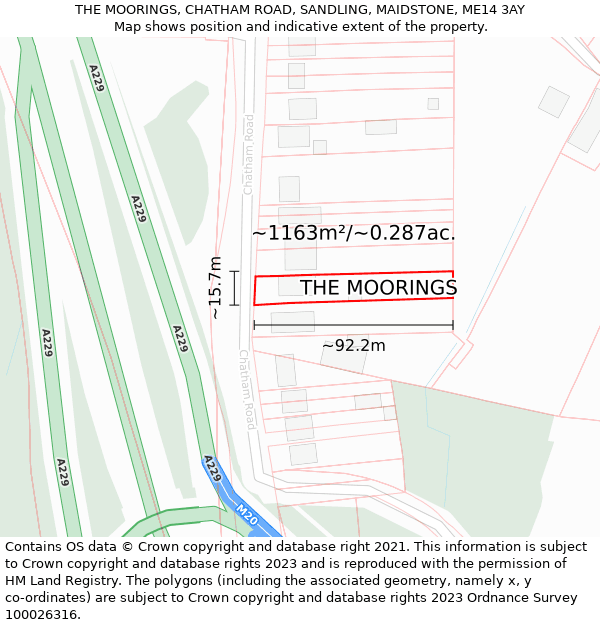 THE MOORINGS, CHATHAM ROAD, SANDLING, MAIDSTONE, ME14 3AY: Plot and title map