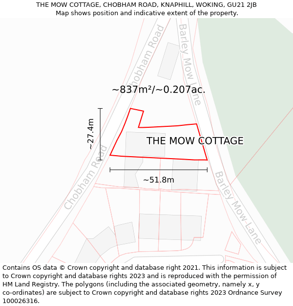 THE MOW COTTAGE, CHOBHAM ROAD, KNAPHILL, WOKING, GU21 2JB: Plot and title map